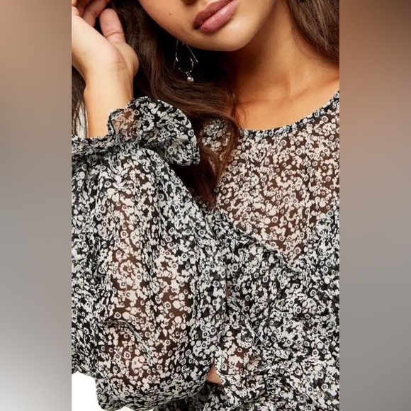 NWT ASOS Topshop Women's Long Sleeve Top Black Floral Ruffle Blouse Size 8 - Picture 6 of 13